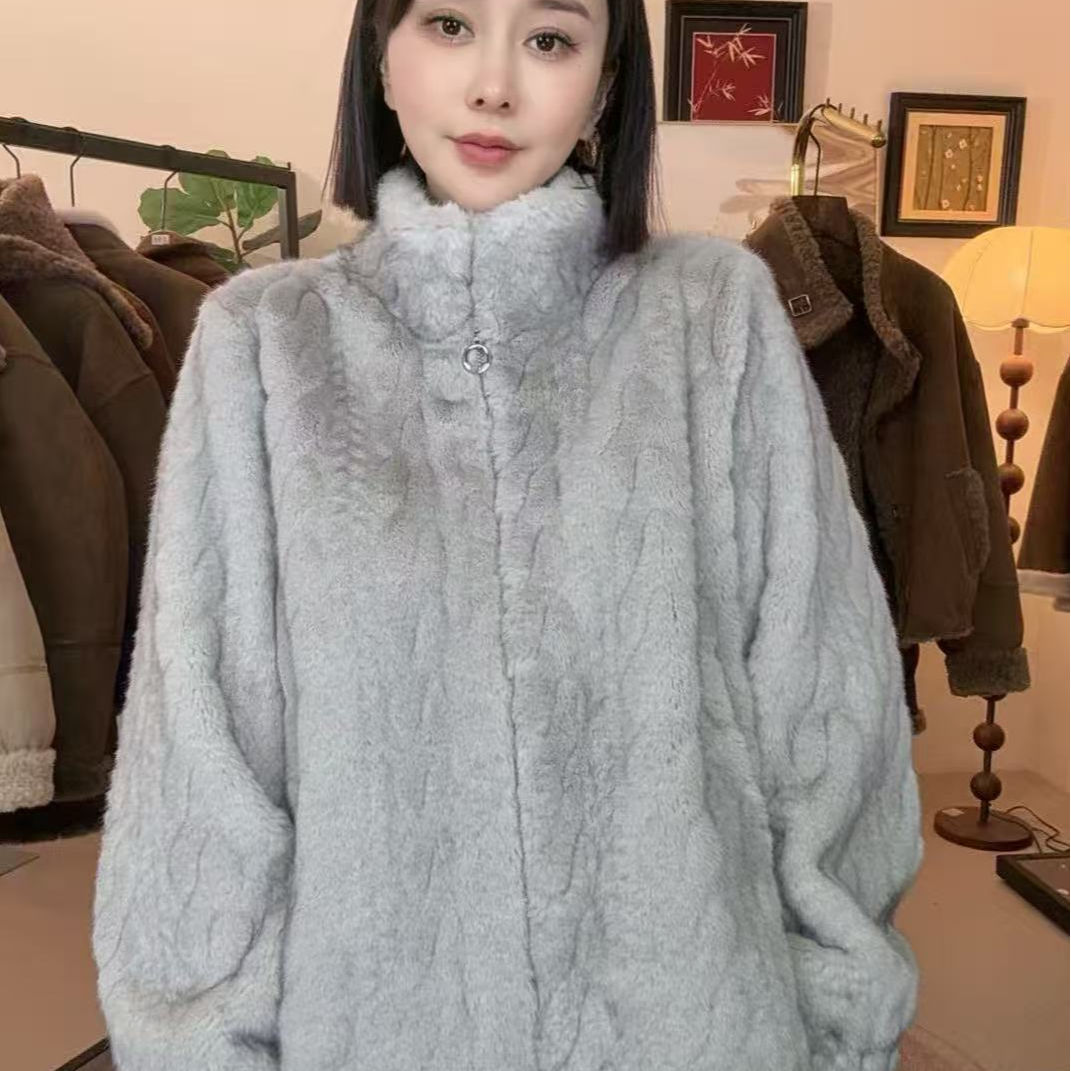 人造皮草 极简风女款时尚短大衣女款立领秋季短外套开衫加厚