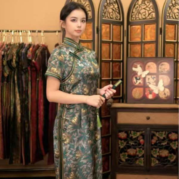 5844古法旗袍复古气质优雅提花中式走