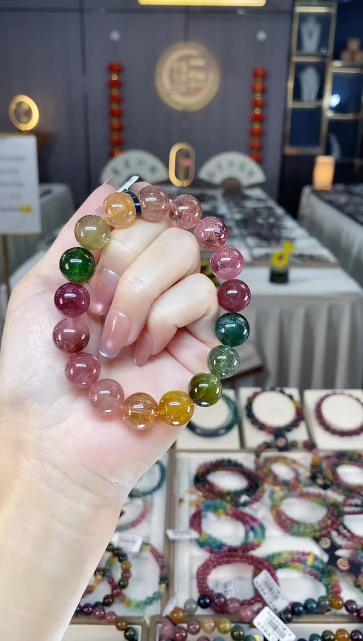 未镶嵌冰透体老矿碧玺彩虹单圈手串12mm+碧玺hon多样性发一条