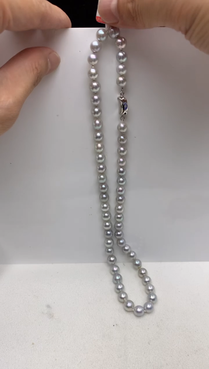 银S925镶嵌ff海水珍珠akoya灰珠串链7~8mm