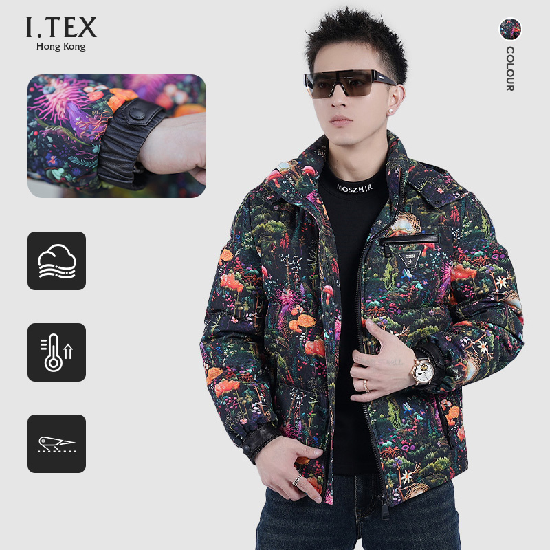 【I.TEX】 冬季时尚个性印花休闲潮流羽绒服男短款修身连帽保暖外套
