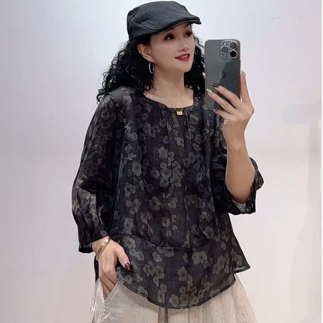 【悦兮】夏季新款文艺百搭休闲苎麻印花时尚洋气宽松气质女上衣2540