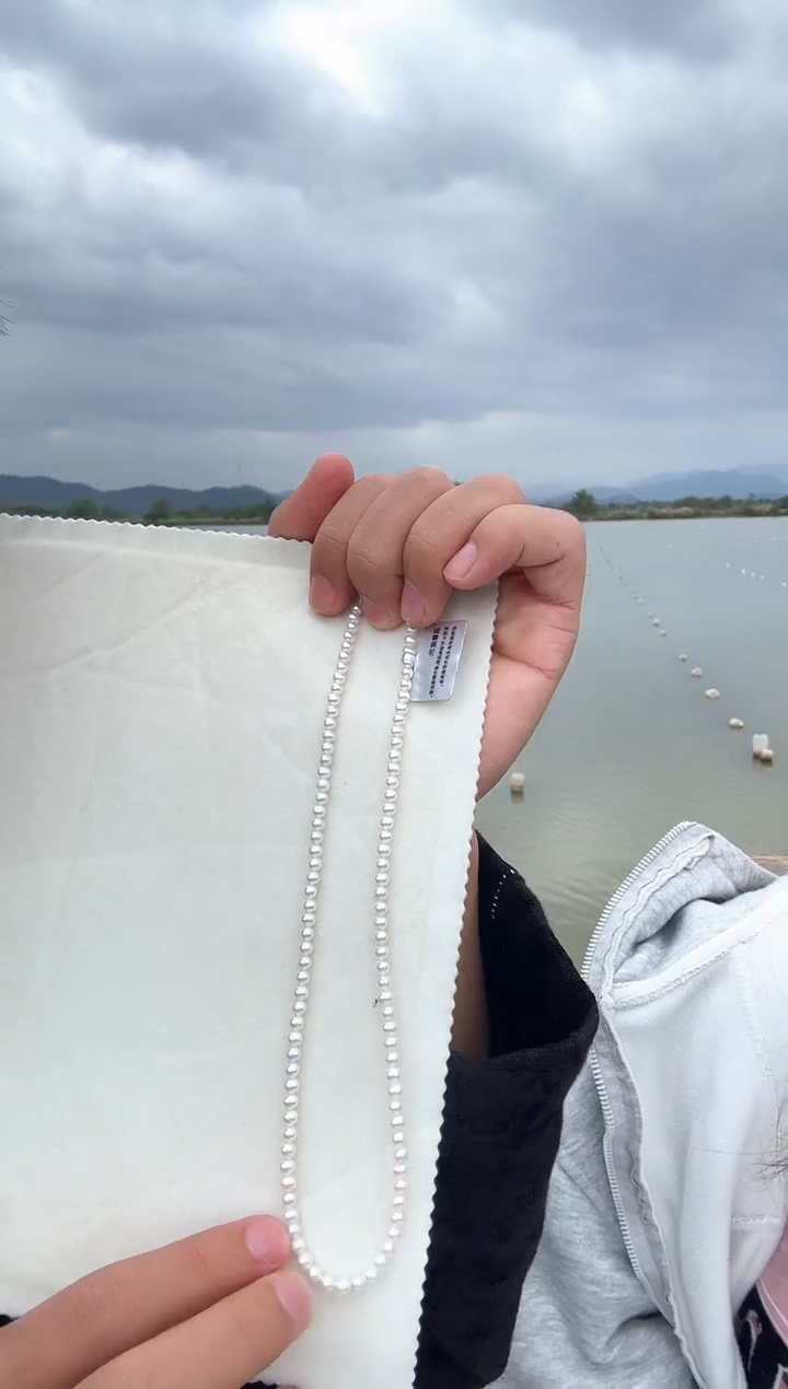 项链银S925镶嵌淡水珍珠3-4mm淡水珍珠项链