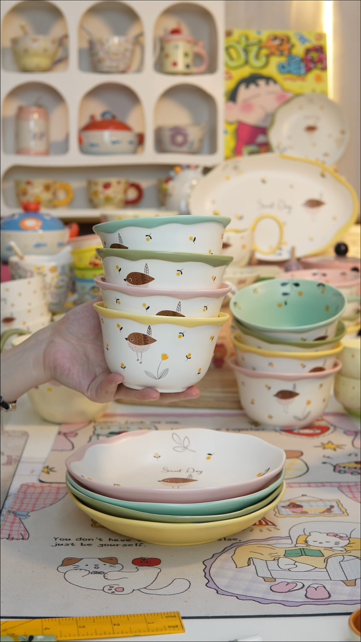 陶瓷鸟语花香8个5英寸米饭碗+8个8英寸盘子