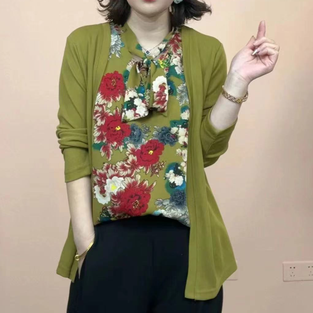 正品假两件套高品质印花衬衫女上衣潮