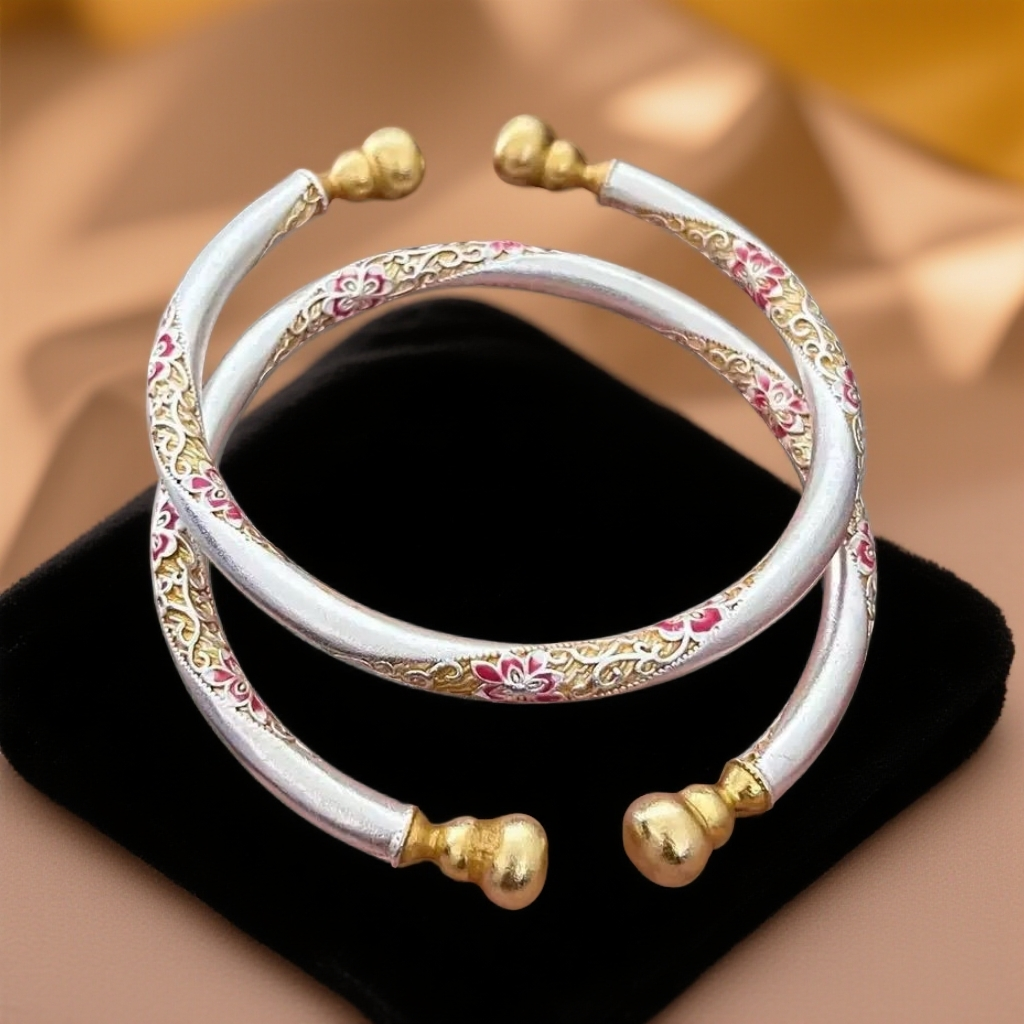 999.9银【桔梗花】珐琅彩桔梗葫芦对珠开口手镯