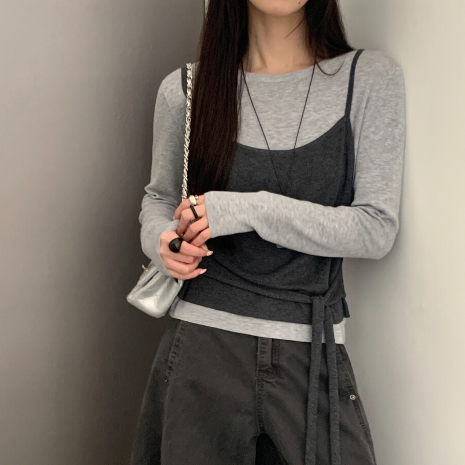 设计感拼接撞色假两件绑带针织衫女2025秋季韩版百搭上衣小衫N