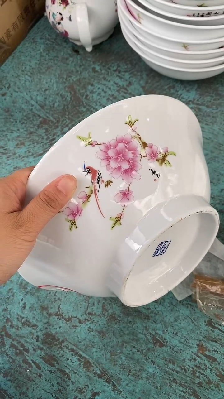 摆件水点桃花10寸斗笠碗