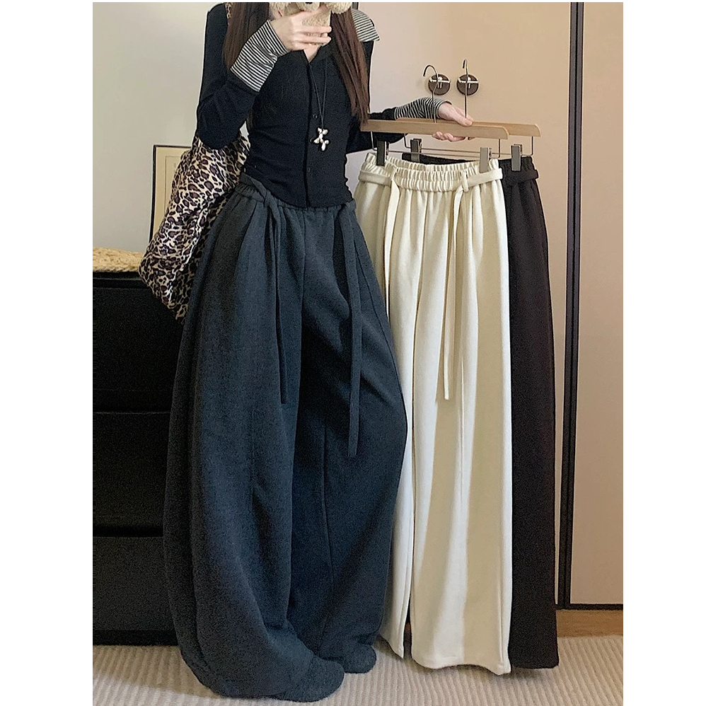 复古弯刀裤女秋冬2025新款宽松加绒加厚休闲裤垂感毛呢阔腿裤