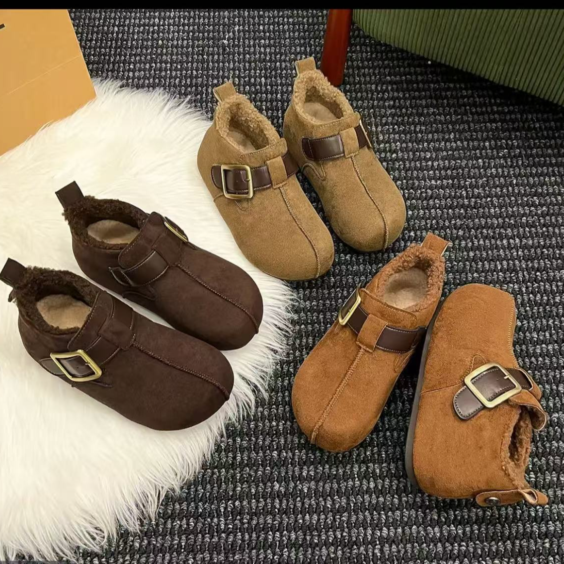【燕】2025冬新款磨砂真皮大头勃肯短靴女休闲加绒保暖厚底懒人鞋