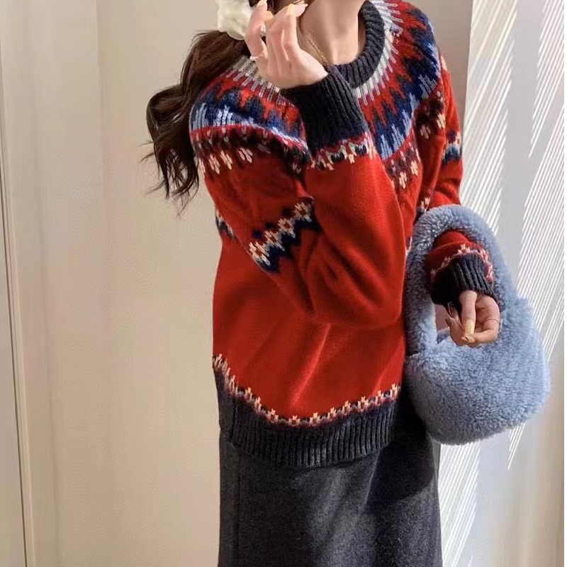费尔岛2024秋冬新款羊毛时尚慵懒风加厚保暖圆领套头针织圣诞毛衣