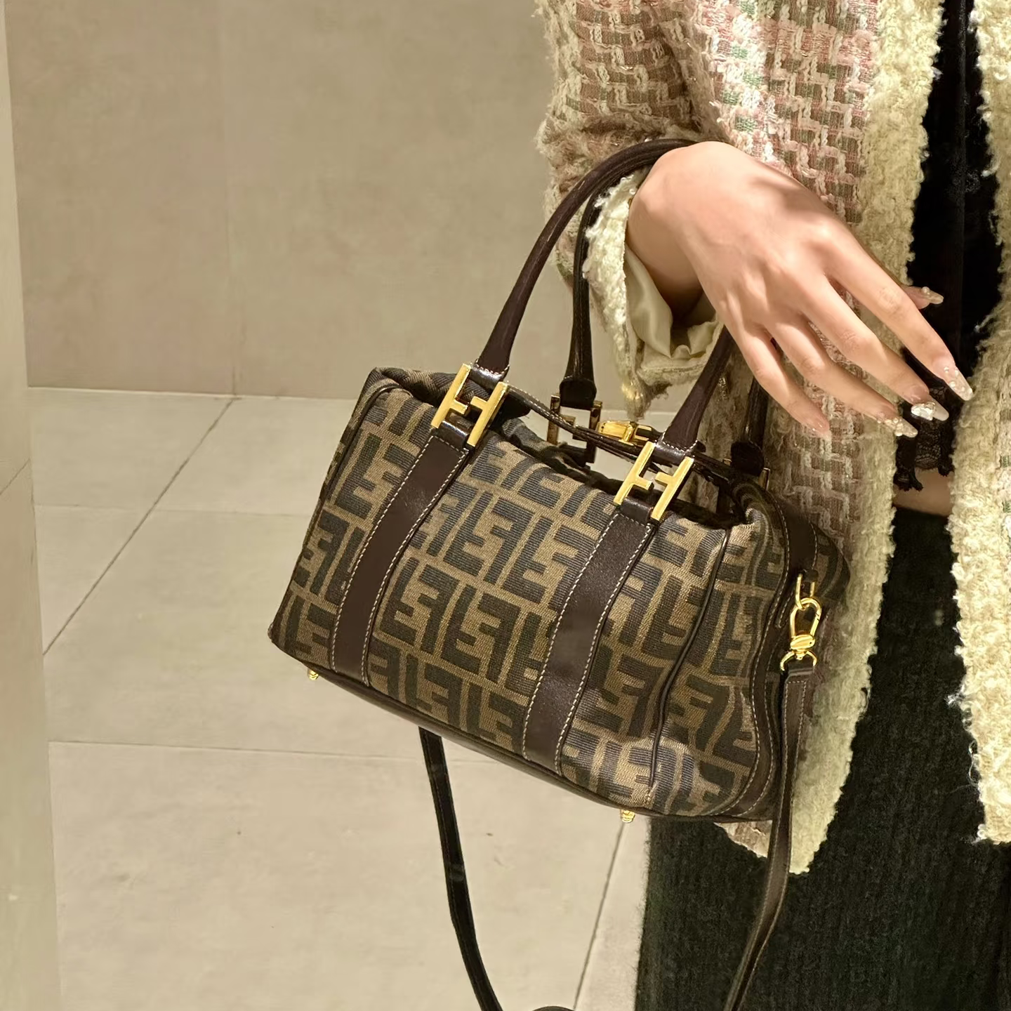 95新 FENDI/芬迪 美拉德金棕手提包/WJ08129518/9518/瑕