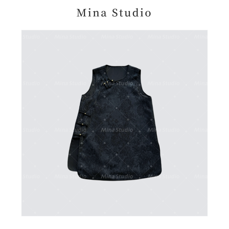 【兰亭序】 Mina 26春季新款 简约中式百搭提花盘扣长款背心 202663