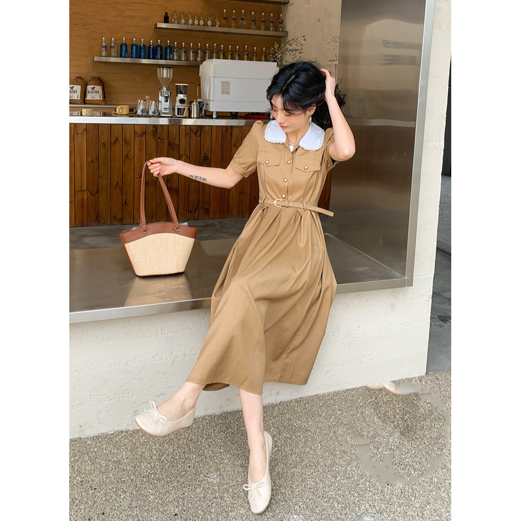 夏季娃娃领连衣裙女2025小个子赫本风高级感收腰显瘦气质减龄长裙