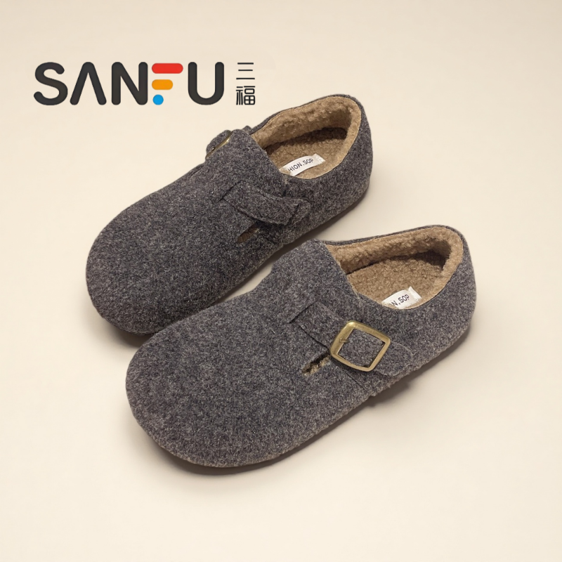 三福新款内增高厚底全包勃肯鞋女2025秋冬加绒保暖软底毛毛鞋单鞋