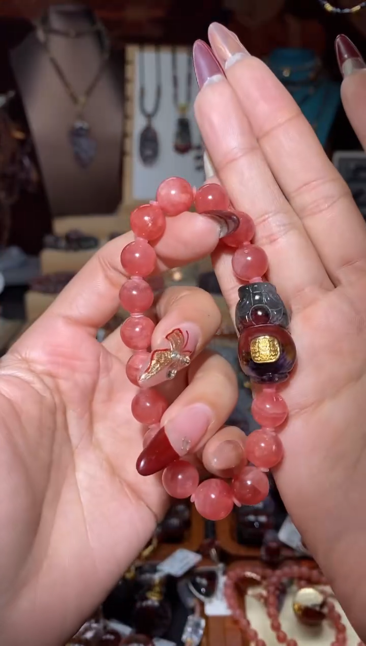 【闪购商品】菱锰矿DIY手串18K金镶嵌红纹石极光貔貅