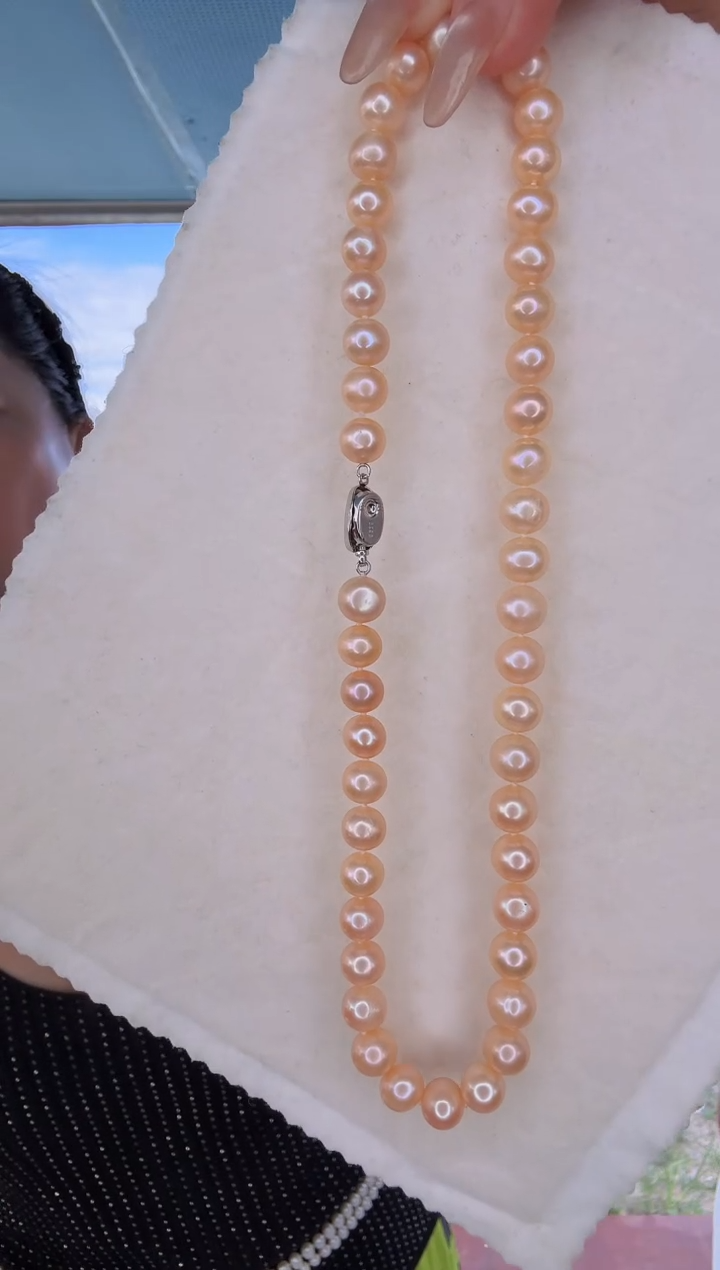 淡水珍珠银S925镶嵌项链淡水无核真珍珠9-10mm中国红