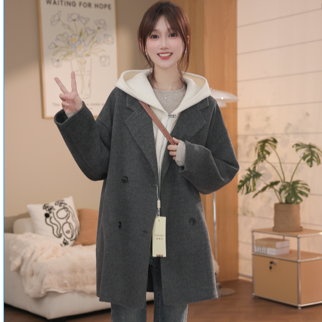 真两件套韩版加厚保暖气质大衣网红百搭秋冬短款小个子羊毛大衣