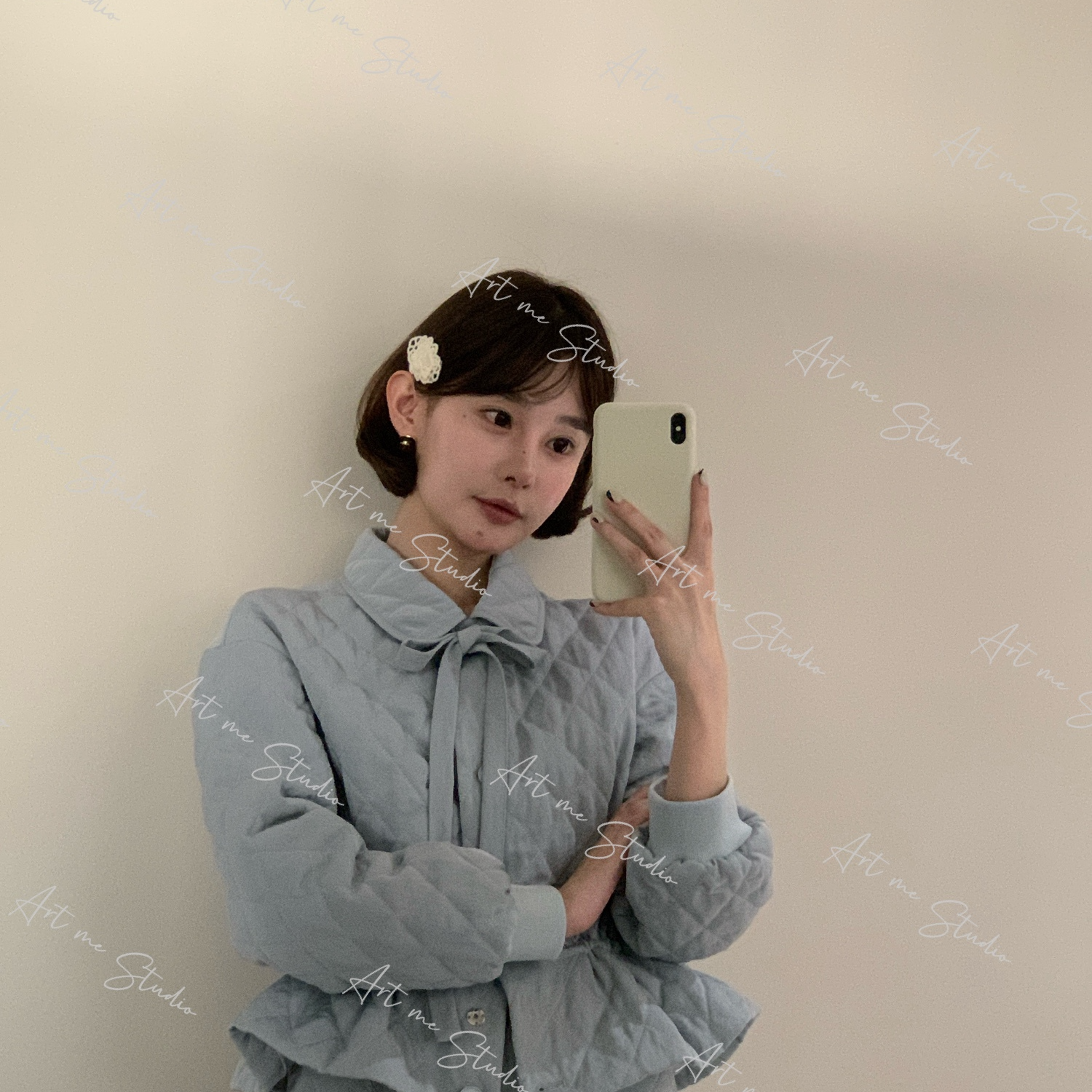 3姐【ART ME】温柔系菱格纹蝴蝶领结学院收腰两色套装1123w10000j2r