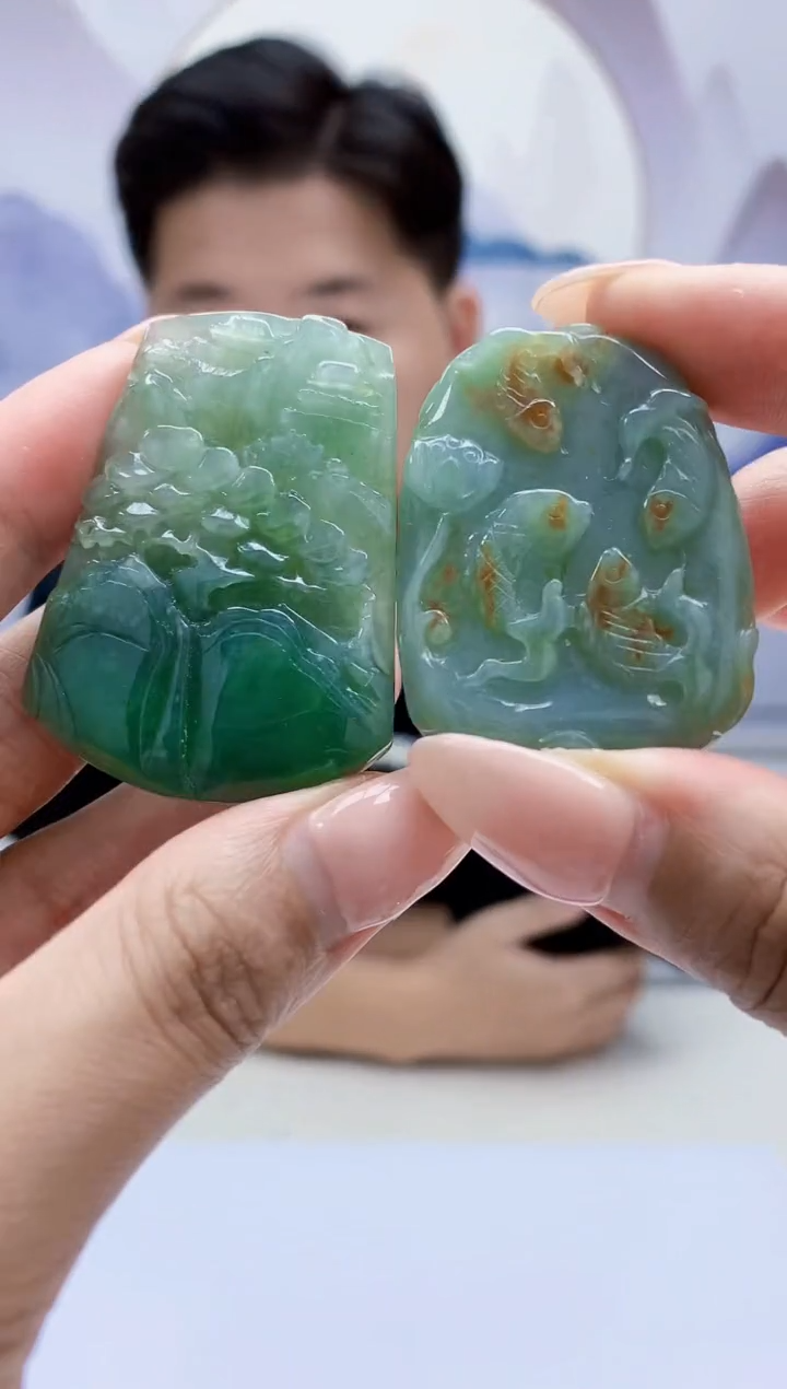 定制翡翠未镶嵌4917MM-毛货两件挂件72