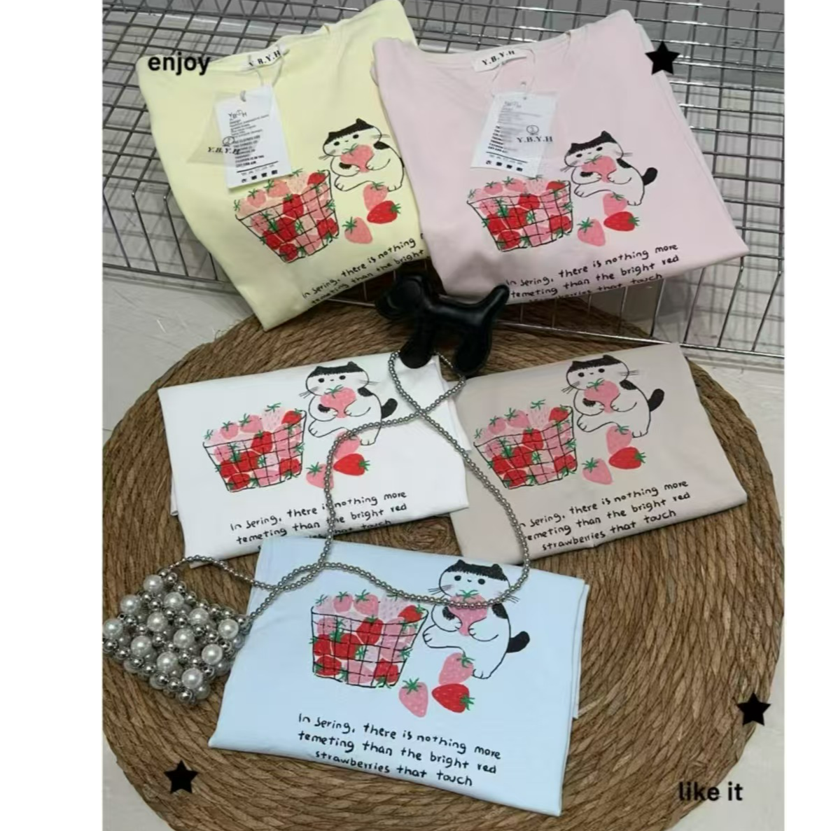 玲玲服饰【01069】草莓猫短袖T