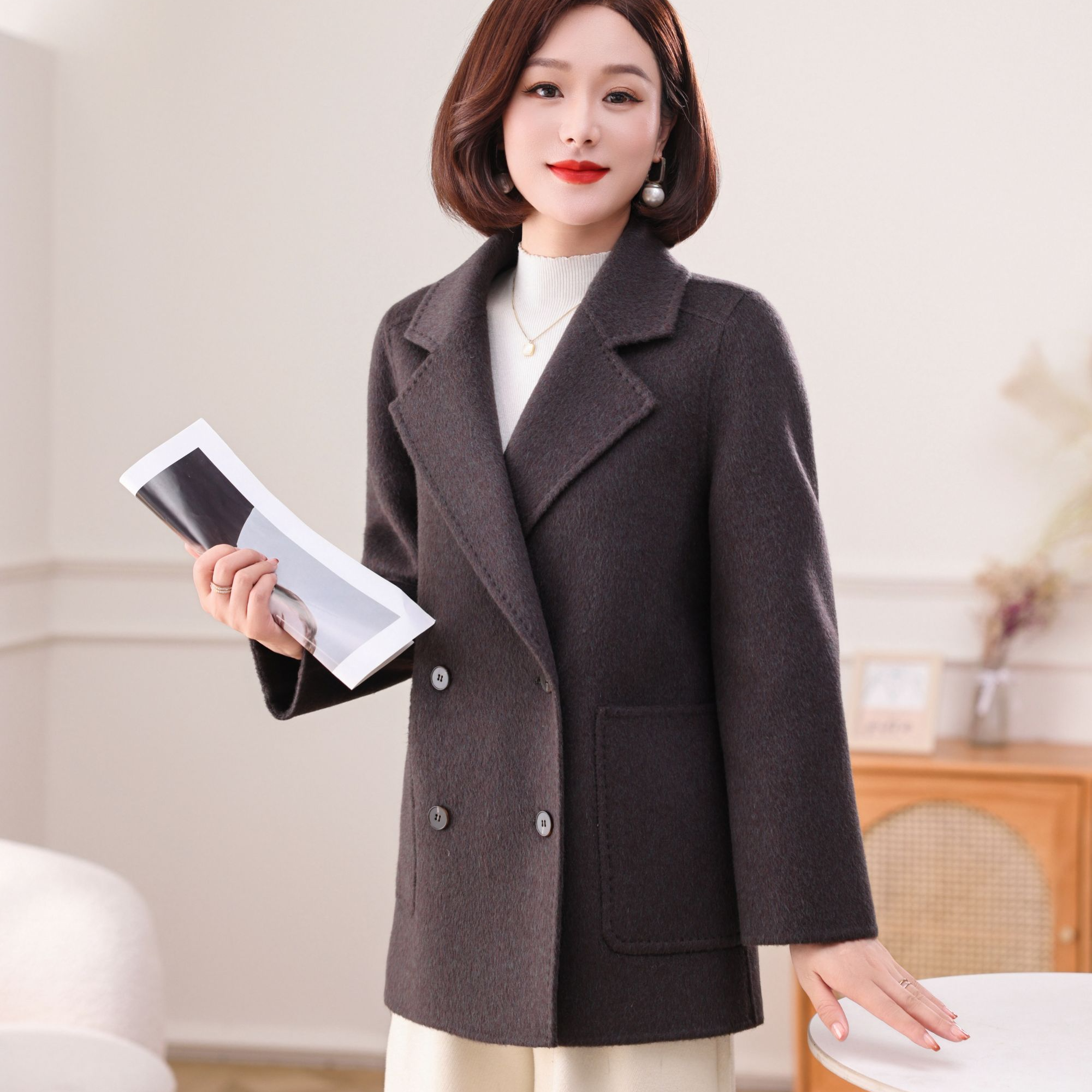 ziyang/孜洋秋冬双面羊毛大衣中长款女西装领骆驼绒毛呢子外套211