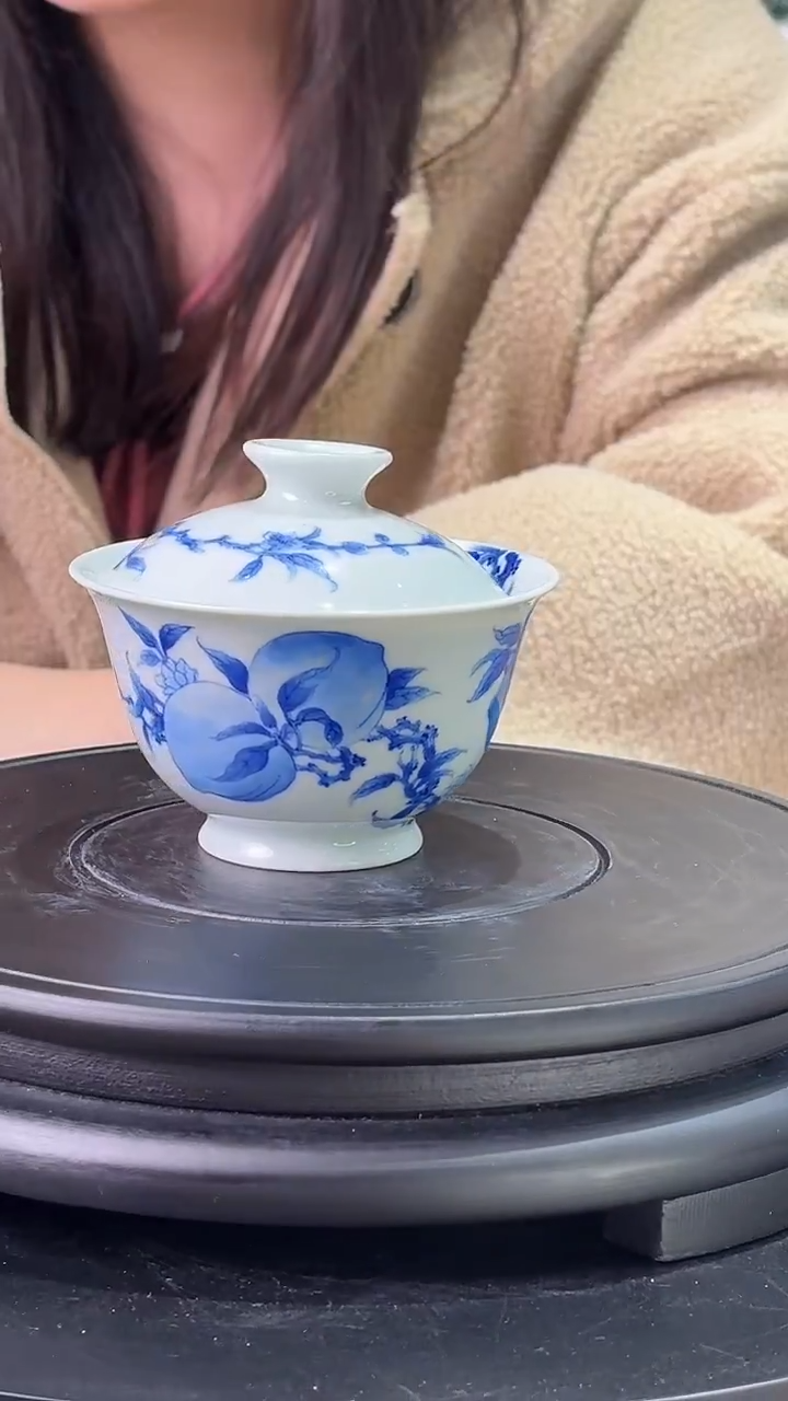 盖碗陶瓷九石堂青花五桃陶瓷盖碗