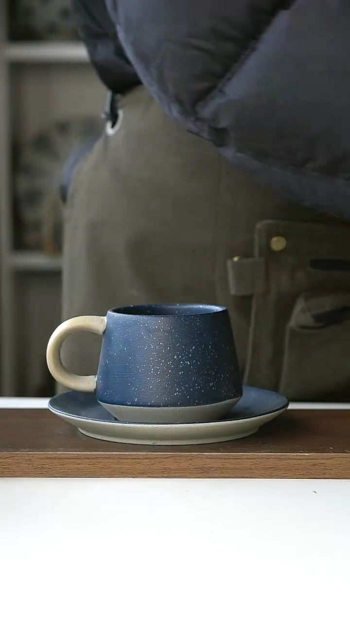 【闪购商品】陶瓷粗陶夜空雪咖啡杯碟套装微瑕@4-2@