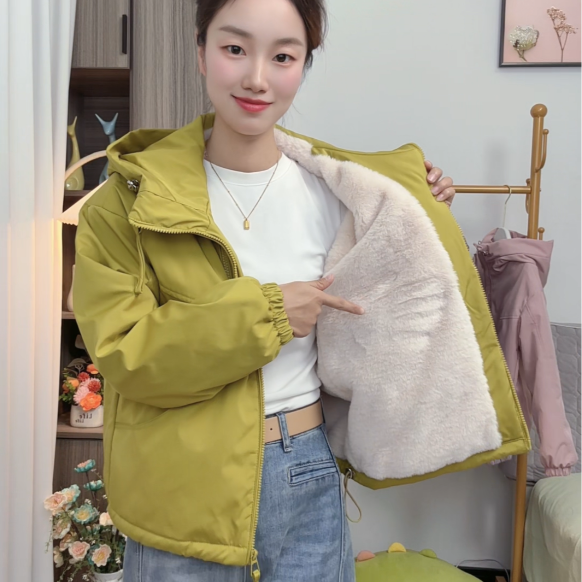 【加绒加厚】落肩袖秋冬连帽上衣女加厚加绒短外套短款拉链长袖