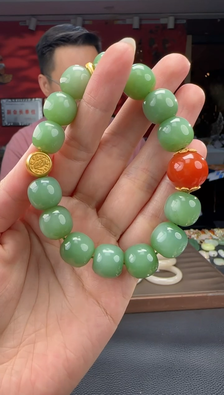 手串未镶嵌和田玉碧玉粉青老型珠单圈手串