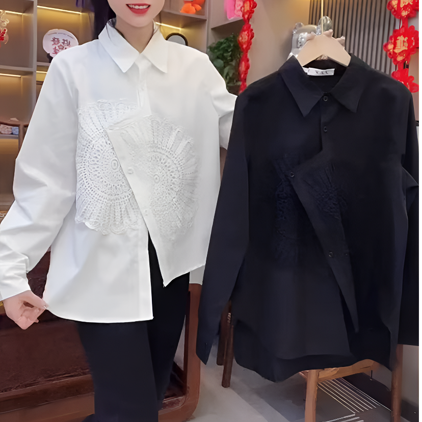 简约纯色不规则衬衣女2025春季韩版新款翻领长袖宽松正肩洋气上衣