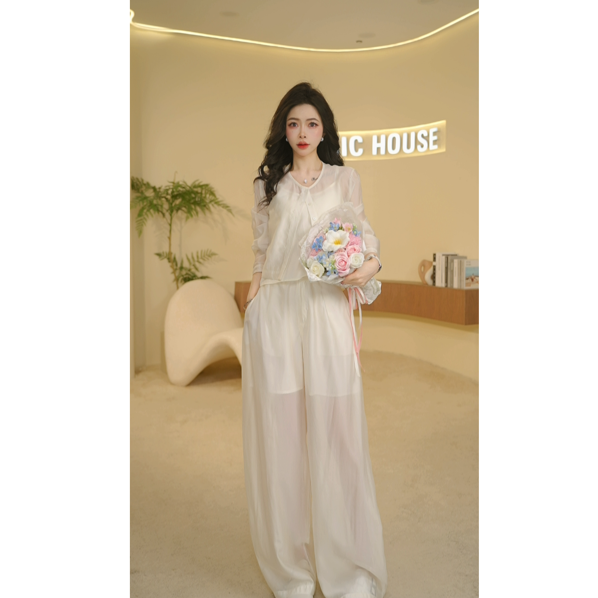 Basic House/百家好2025夏新款轻奢风休闲风衬衫时尚长裤套装