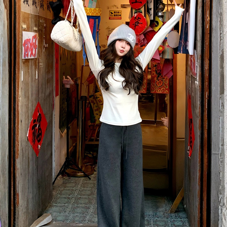 Huangzuozuo佐佐家小个子加绒抽绳直筒休闲裤子冬季女宽松阔腿裤