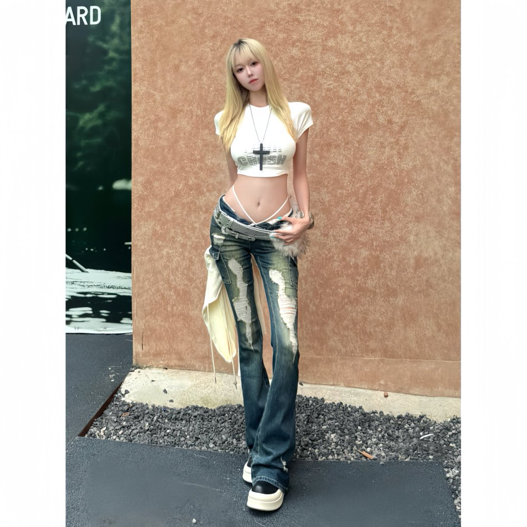 破洞丰胯低腰工装微喇叭牛仔裤女2025早秋新款设计感显瘦修身百搭