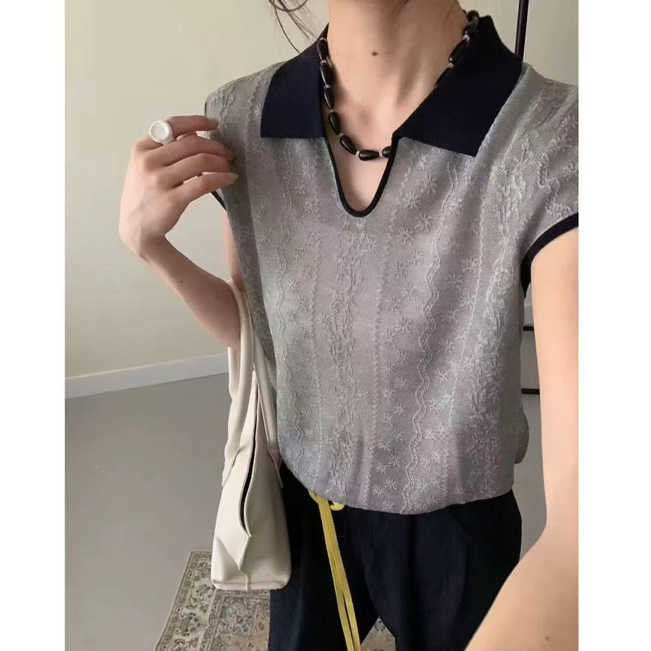 丽丽家~月光灰飞袖气质时尚百搭薄款翻领浮雕上衣