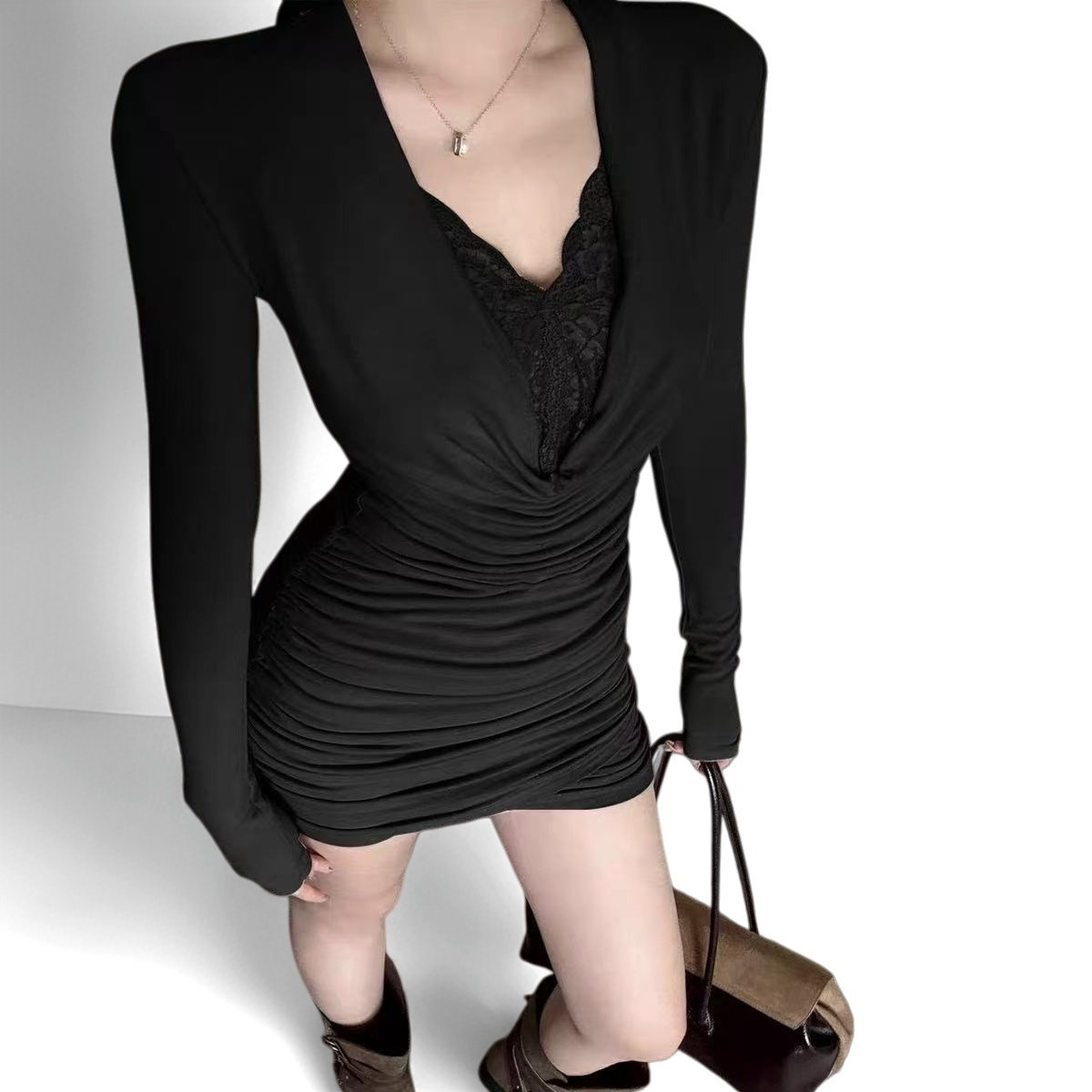 午餐肉家美拉德色系涩谷辣妹连衣裙秋季气质修身显身材包臀短裙