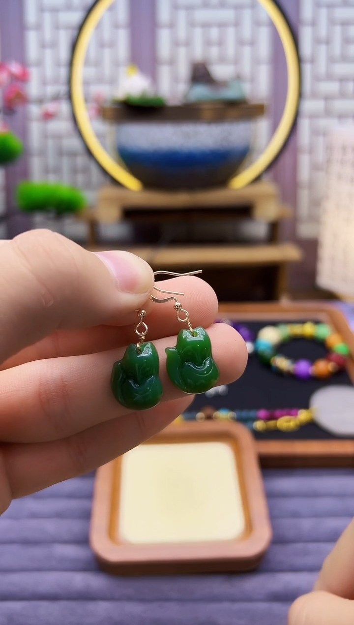 和田玉14K金镶嵌耳饰E316