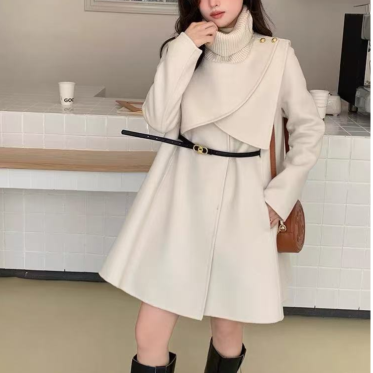 可拆卸斗篷双面大衣女秋冬新款中长款修身显瘦呢外套