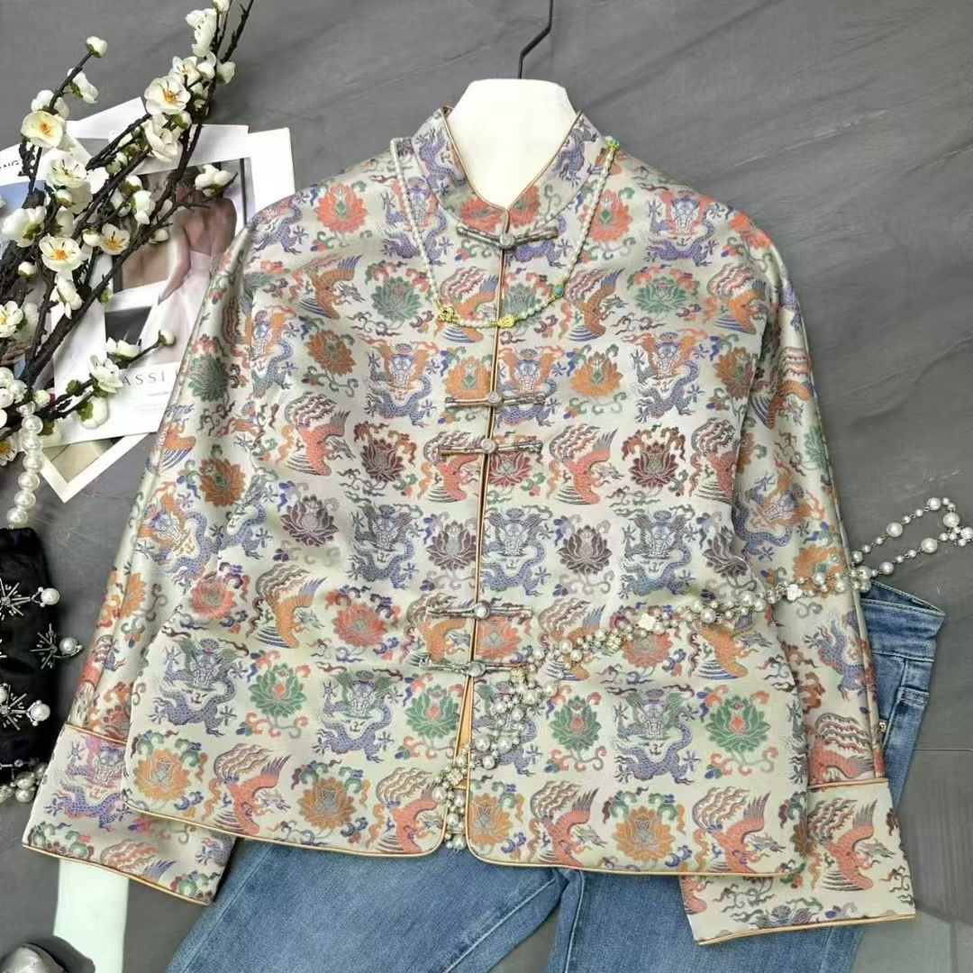 2025早春新中式新款立领盘扣龙凤穿莲外套上衣短款复古唐装中国风