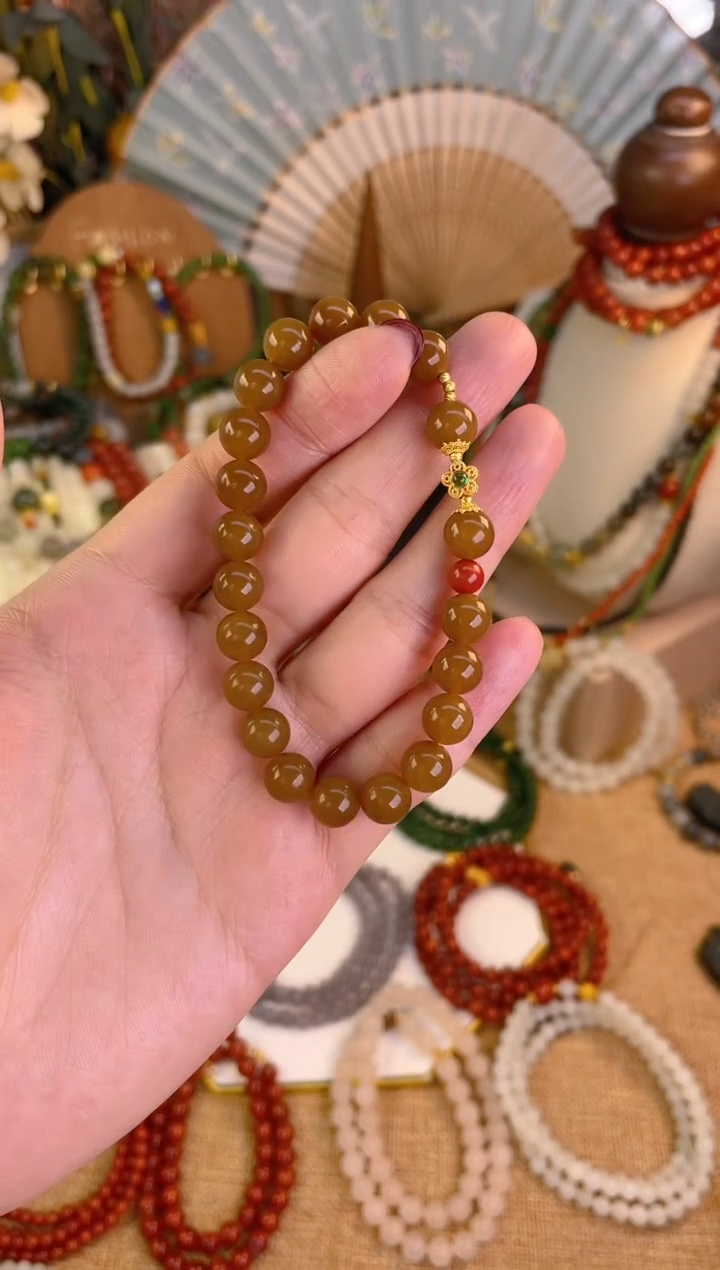 【闪购商品】和田玉手串18K金镶嵌糖手串