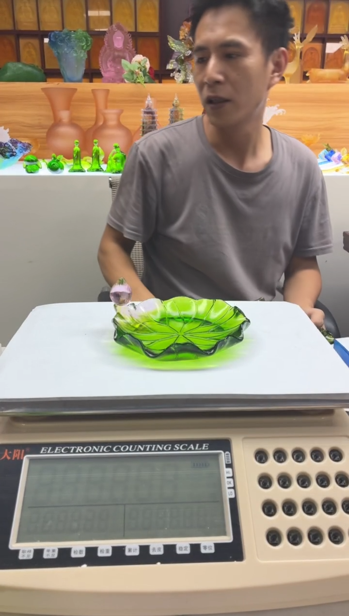 手工艺品琉璃绿色荷叶杯碟14公分