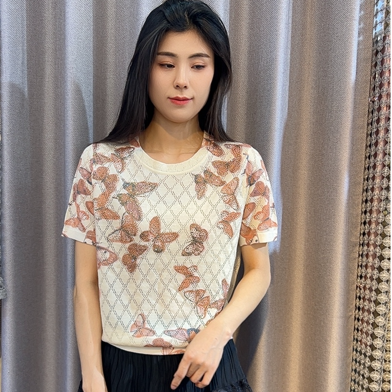 2025年春夏天丝亚麻衫女士气质时尚半袖-25058百搭镂空