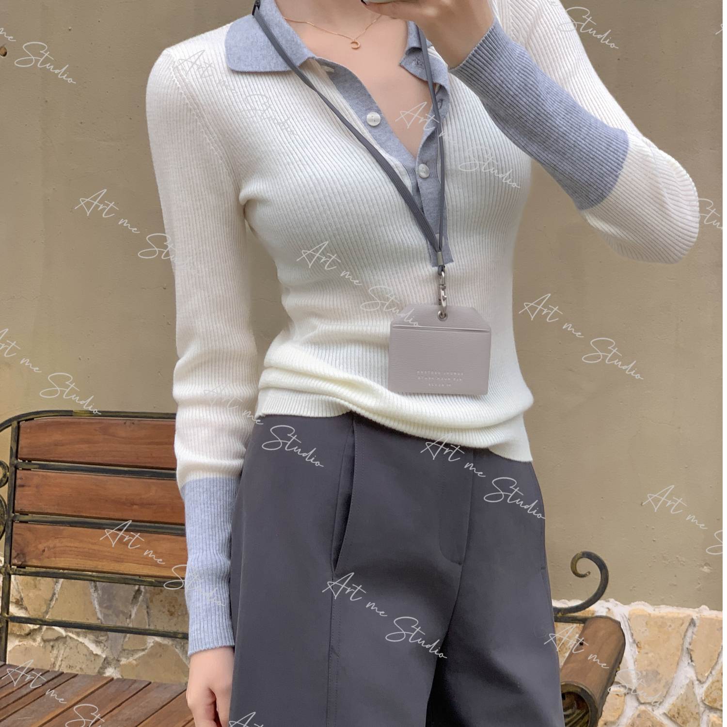 【ART ME】纸片人经典穿搭条纹肌理撞色三色撞色针织上衣w24534