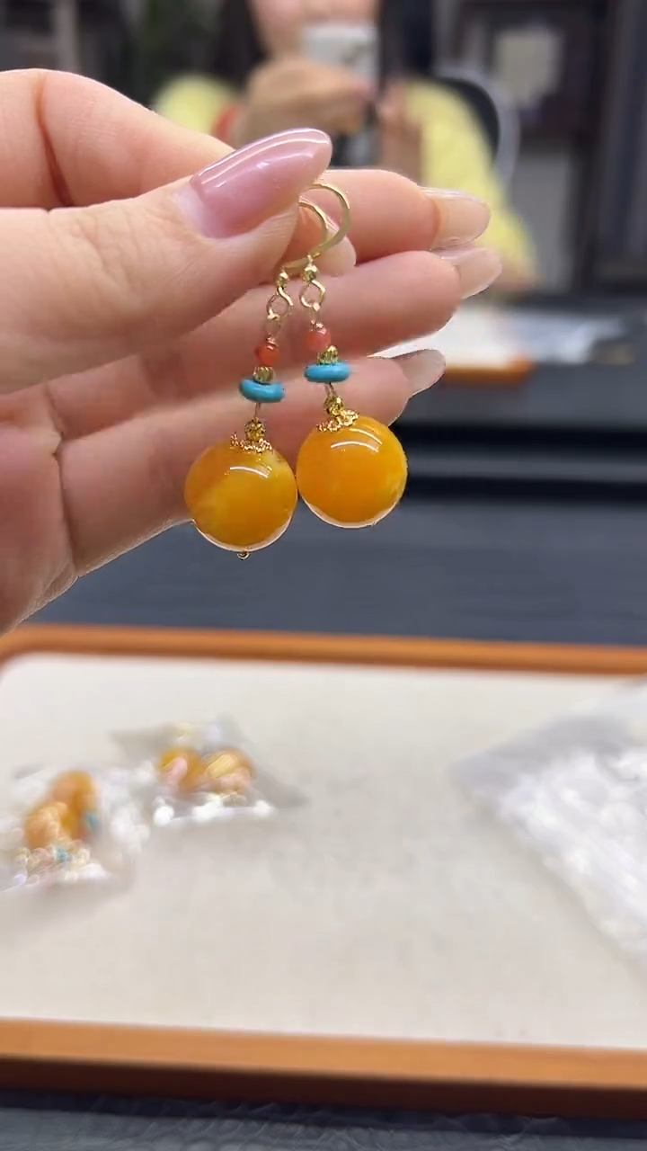 蜜蜡14K金镶嵌耳饰DIY款E142