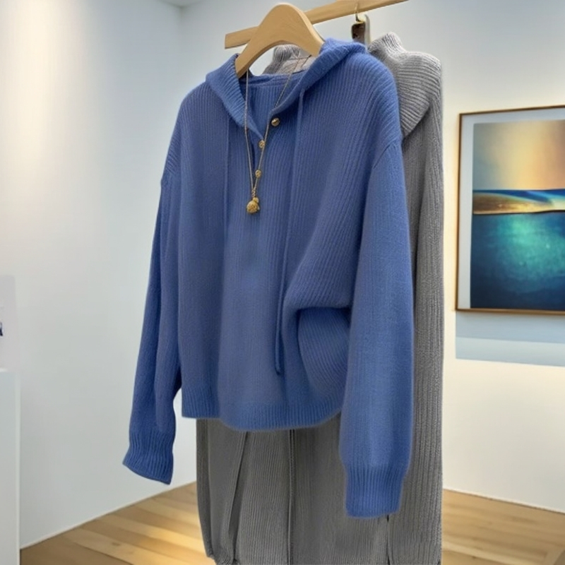 慵懒风高级感克莱因蓝连帽打底衫针织上衣独特漂亮内搭女士外套秋