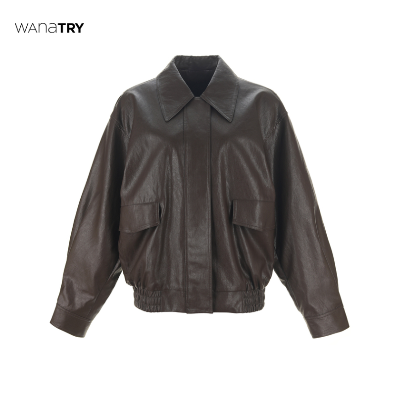 wana try 【明星同款】咖色PU皮简约机车款外套【达人专属】