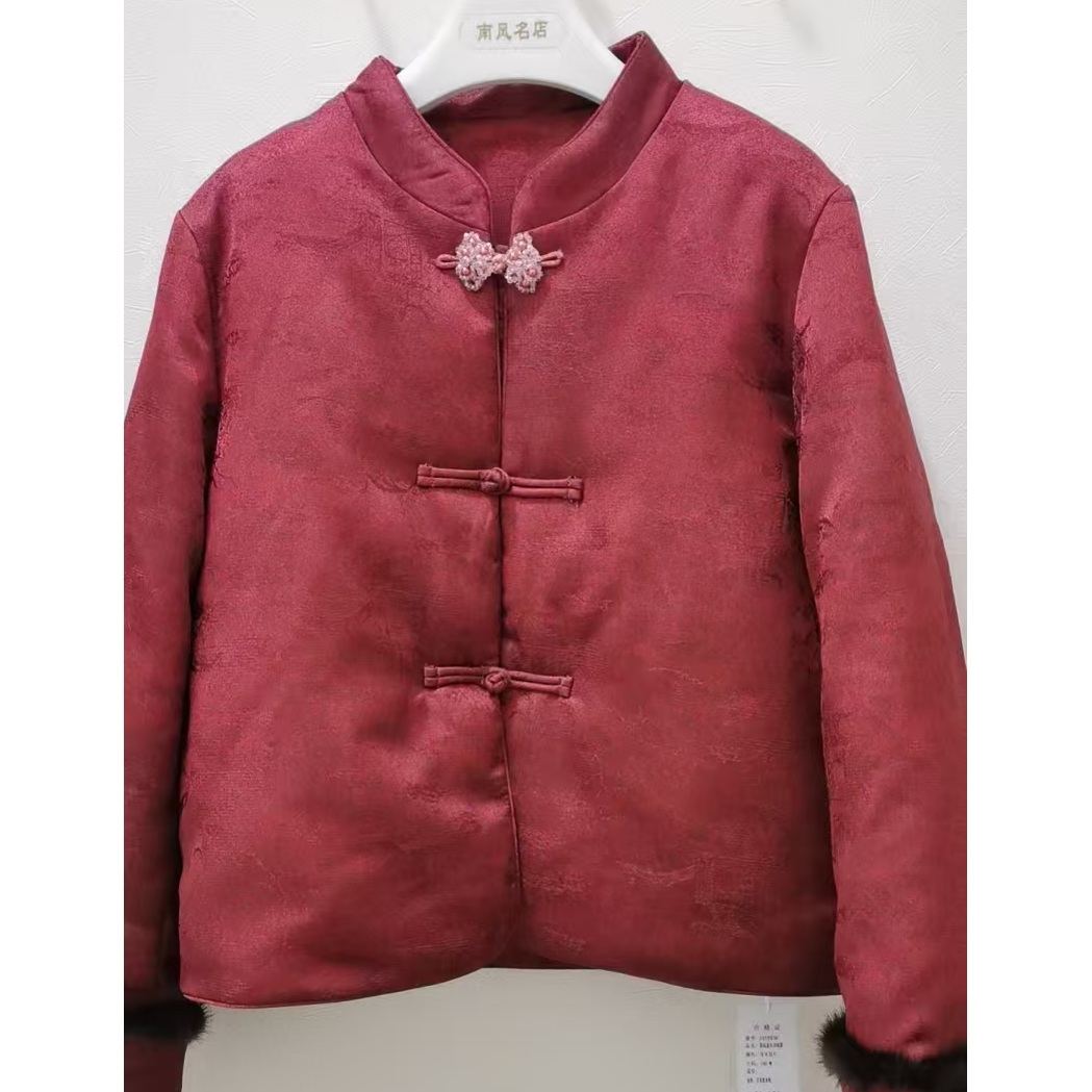 中国风端面提花立领盘扣袖口拼水貂毛白鸭绒棉服