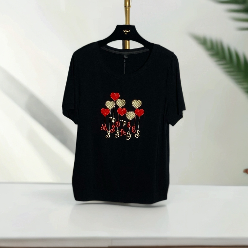 【迷你爱心漫步】夏季新款中老年短袖圆领烫钻百搭显瘦减龄T恤