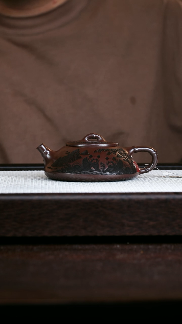 茶壶紫砂石红五熊竹瓢230cc