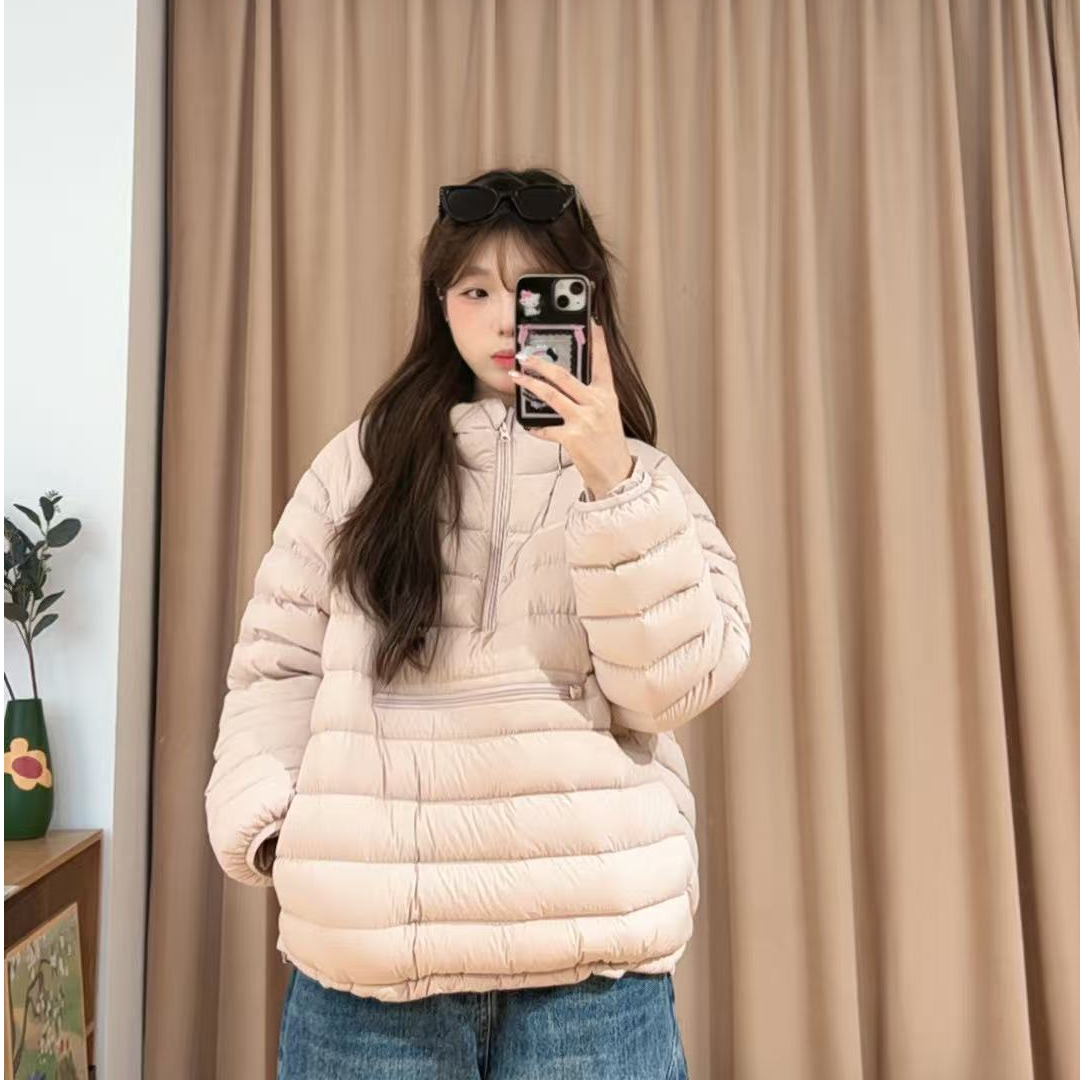 85834余小鱼【套头羽绒服】两色半拉链连帽口袋保暖冬季羽绒服女装